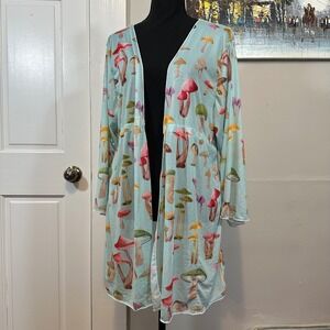 Womens size M Mushroom Print Mesh Open Front Robe Blue Watercolor Long Sleeve